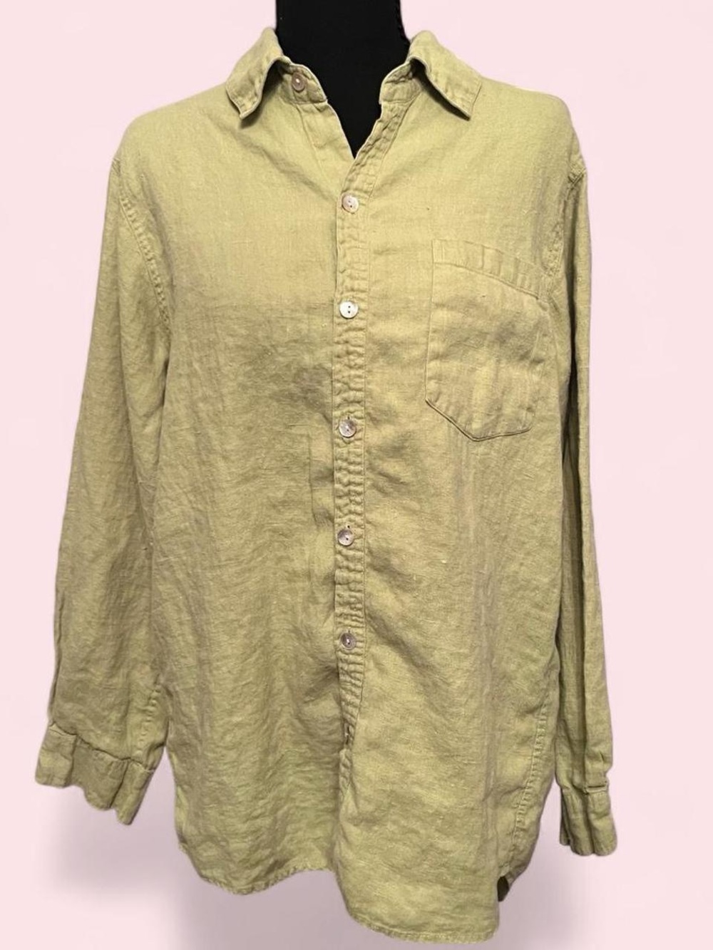 Vintage Chico’s Design Casual Women’s Button Shirt in Olive Green 100% Linen